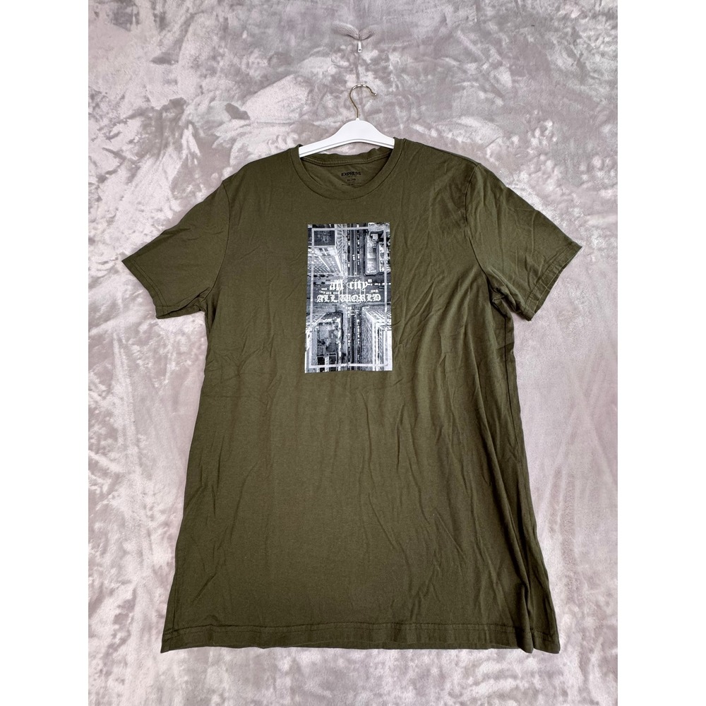 EXPRESS‎ Graphic Tee Men's XL Tall Olive Green Cityscape Print Short Sleeve